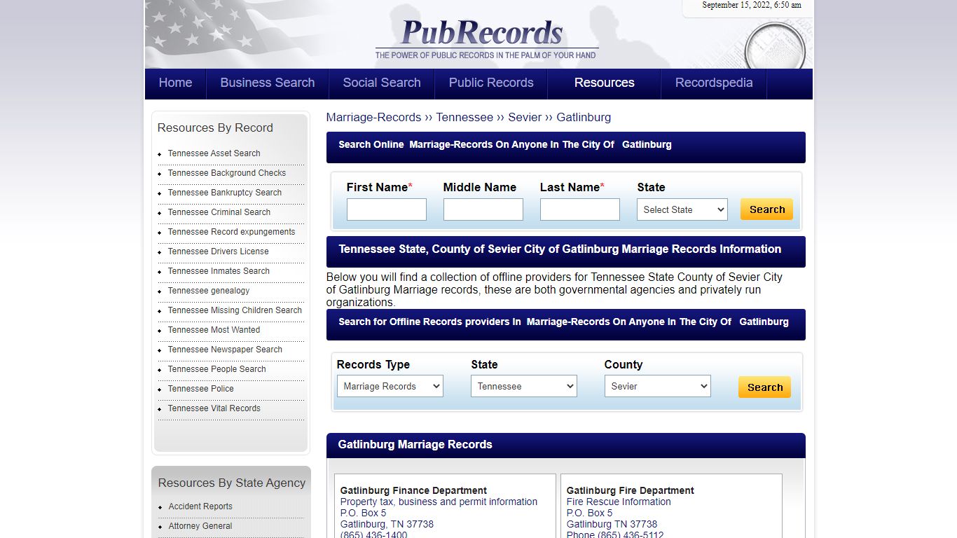 Gatlinburg, Sevier County, Tennessee Marriage Records